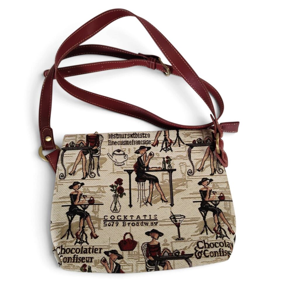 Signare Paris Cafe Tapestry Crossbody Bag French Girl Burgundy Adjustable Strap